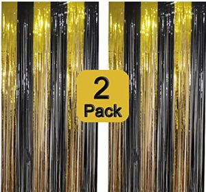 2 pack 3.3ft x 9.8ft metallic fringe curtains door foil curtains metallic curtains halloween christmas party decoration tinsel curtains for photo backdrop party decorations (black gold-2)