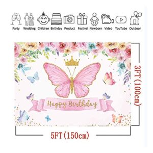 XLL Happy Birthday Theme Photography Backdrops Butterfly Pink Rose Flower Crown Photo for Fairy Princess Girl Birthday Party Decoration Banner Studio Cake Table Floral Background 5x3ft