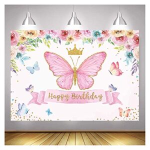 xll happy birthday theme photography backdrops butterfly pink rose flower crown photo for fairy princess girl birthday party decoration banner studio cake table floral background 5x3ft