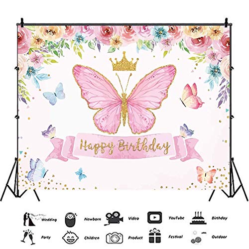 XLL Happy Birthday Theme Photography Backdrops Butterfly Pink Rose Flower Crown Photo for Fairy Princess Girl Birthday Party Decoration Banner Studio Cake Table Floral Background 5x3ft