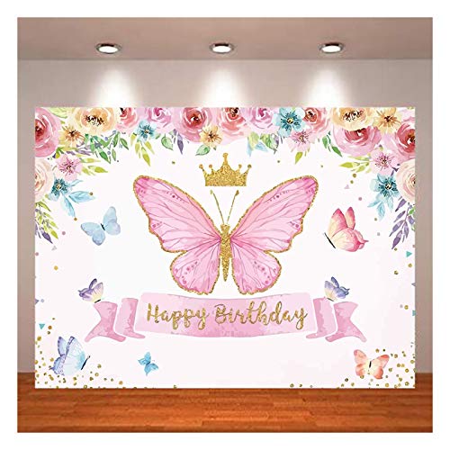 XLL Happy Birthday Theme Photography Backdrops Butterfly Pink Rose Flower Crown Photo for Fairy Princess Girl Birthday Party Decoration Banner Studio Cake Table Floral Background 5x3ft