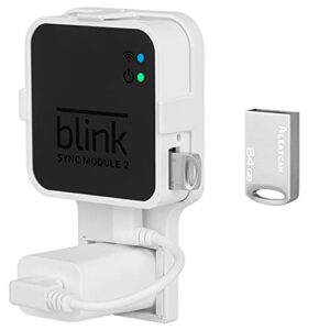 64gb usb flash drive and outlet wall mount for blink sync module 2,mounting bracket holder with short cable for all-new blink outdoor indoor home security camera sync module, no messy wires or screws