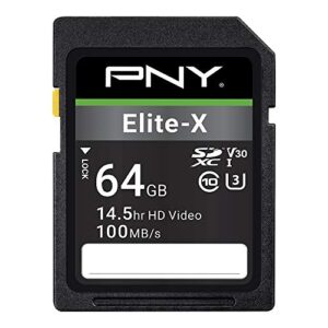 pny 64gb elite-x class 10 u3 v30 sdxc flash memory card – 100mb/s, class 10, u3, v30, 4k uhd, full hd, uhs-i, full size sd
