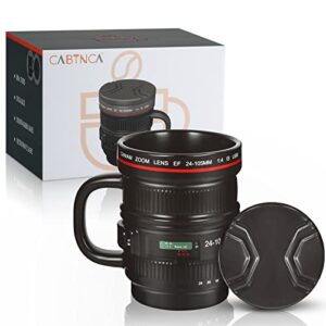 Cabtnca Camera Lens Coffee Mug, Photographer Gifts, Camera Lens Mug 16Oz, Ceramic Camera Mug, Cool Gifts for Photographers Men, Photography Gifts Christmas, Camera Lens Cup with Lid and Handle, Black