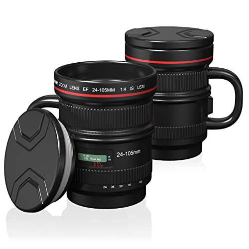 Cabtnca Camera Lens Coffee Mug, Photographer Gifts, Camera Lens Mug 16Oz, Ceramic Camera Mug, Cool Gifts for Photographers Men, Photography Gifts Christmas, Camera Lens Cup with Lid and Handle, Black