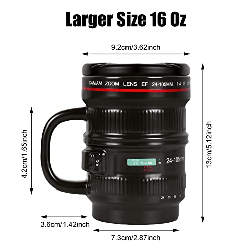 Cabtnca Camera Lens Coffee Mug, Photographer Gifts, Camera Lens Mug 16Oz, Ceramic Camera Mug, Cool Gifts for Photographers Men, Photography Gifts Christmas, Camera Lens Cup with Lid and Handle, Black