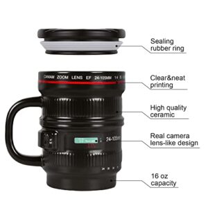 Cabtnca Camera Lens Coffee Mug, Photographer Gifts, Camera Lens Mug 16Oz, Ceramic Camera Mug, Cool Gifts for Photographers Men, Photography Gifts Christmas, Camera Lens Cup with Lid and Handle, Black