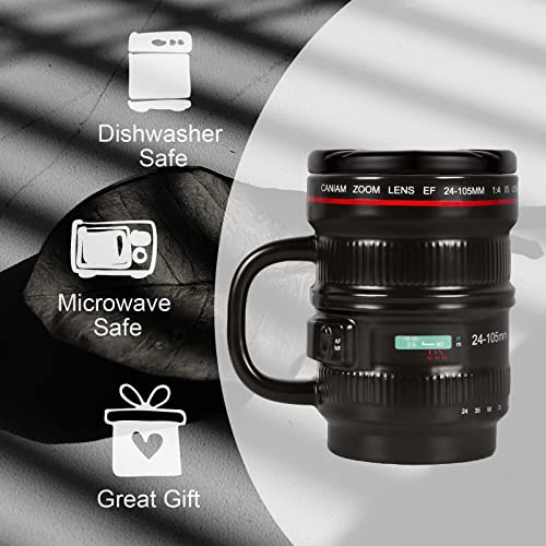 Cabtnca Camera Lens Coffee Mug, Photographer Gifts, Camera Lens Mug 16Oz, Ceramic Camera Mug, Cool Gifts for Photographers Men, Photography Gifts Christmas, Camera Lens Cup with Lid and Handle, Black