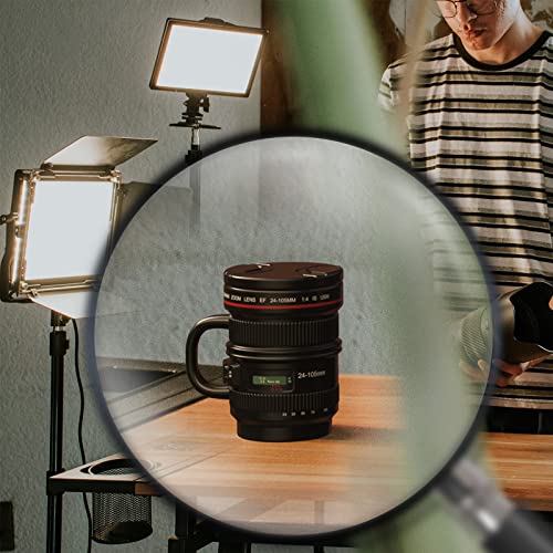 Cabtnca Camera Lens Coffee Mug, Photographer Gifts, Camera Lens Mug 16Oz, Ceramic Camera Mug, Cool Gifts for Photographers Men, Photography Gifts Christmas, Camera Lens Cup with Lid and Handle, Black