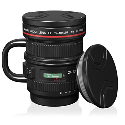 Cabtnca Camera Lens Coffee Mug, Photographer Gifts, Camera Lens Mug 16Oz, Ceramic Camera Mug, Cool Gifts for Photographers Men, Photography Gifts Christmas, Camera Lens Cup with Lid and Handle, Black