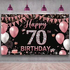 70th birthday decorations backdrop banner for women, rose gold happy 70th birthday decoration for women, 70 year old birthday party backdrop, 70th birthday theme photo props fabric 6.1ft x 3.6ft phxey