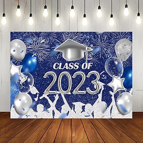 Lofaris Class of 2023 Party Photography Backdrop Royal Blue and Silver Congrats Grad Graduation Caps Background Celebration Graduation Prom Party Decor Banner Photo Booth Props 7x5ft