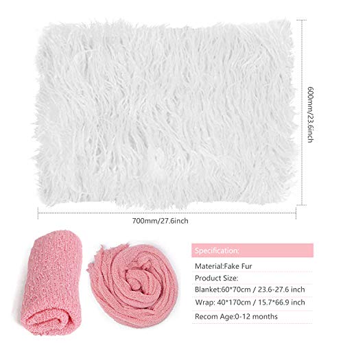 SPOKKI 4 Pcs Newborn Photography Props Outfits- Baby Long Ripple Wrap and Toddler Swaddle Blankets Photography Mat with Cute Headbands for Infant Boys Girls(0-12 Months) (White)