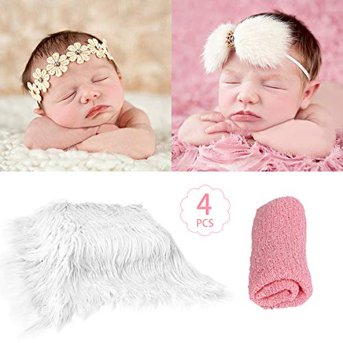 SPOKKI 4 Pcs Newborn Photography Props Outfits- Baby Long Ripple Wrap and Toddler Swaddle Blankets Photography Mat with Cute Headbands for Infant Boys Girls(0-12 Months) (White)