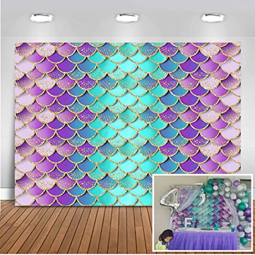 Avezano Mermaid Birthday Backdrop 5x3ft Glitter Mermaid Scales Backdrops Kids Birthday Party Decor Girls Princess Baby Shower Photo Background Purple Aqua Green Shell Backdrop