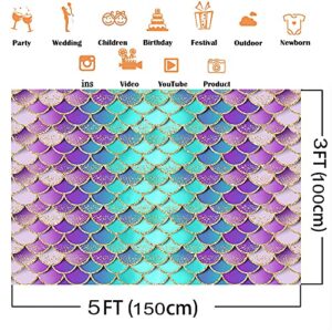 Avezano Mermaid Birthday Backdrop 5x3ft Glitter Mermaid Scales Backdrops Kids Birthday Party Decor Girls Princess Baby Shower Photo Background Purple Aqua Green Shell Backdrop