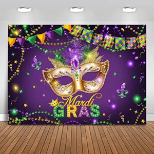 mocsicka mardi gras backdrop masquerade party background purple green gold beads mardi gras carnival dress-up party cake table decoration photo booth props (7x5ft)