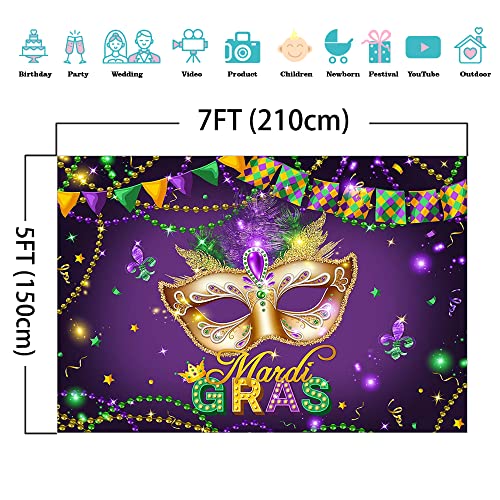 Mocsicka Mardi Gras Backdrop Masquerade Party Background Purple Green Gold Beads Mardi Gras Carnival Dress-up Party Cake Table Decoration Photo Booth Props (7x5ft)