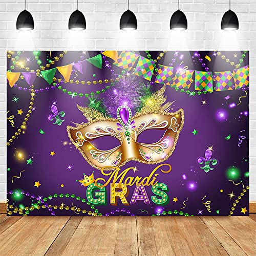 Mocsicka Mardi Gras Backdrop Masquerade Party Background Purple Green Gold Beads Mardi Gras Carnival Dress-up Party Cake Table Decoration Photo Booth Props (7x5ft)