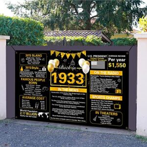 crenics black gold 90th birthday decorations, vintage back in 1933 birthday backdrop banner, large 90 years old birthday anniversary poster photo background party supplies for women men, 5.9 x 3.6 ft