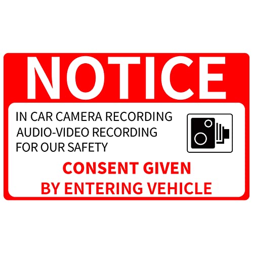 In Car Camera Recording Sign Double Sided 5" x 3" Audio Video Recording for Our Safety Consent Given by Entering Vehicle Window Stickers Decals for Uber Lyft 6 PCS