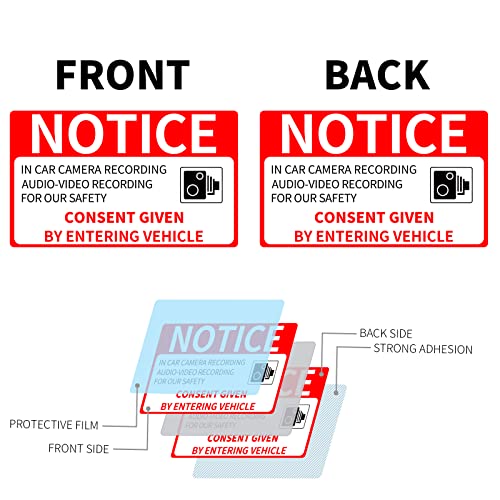 In Car Camera Recording Sign Double Sided 5" x 3" Audio Video Recording for Our Safety Consent Given by Entering Vehicle Window Stickers Decals for Uber Lyft 6 PCS