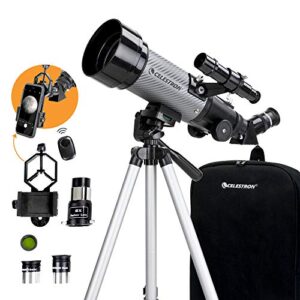 celestron – 70mm travel scope dx – portable refractor telescope – fully-coated glass optics – ideal telescope for beginners – bonus astronomy software package – digiscoping smartphone adapter
