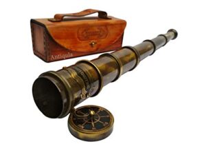 1920 brass maritime 15x vintage pirate spyglass telescope- functional brass & clear vision pirate telescope with premium leather case – wonderful gift for nautical décor lovers (15″)