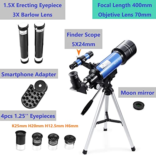 MaxUSee 70mm Telescope for Kids & Astronomy Beginners, Refractor Telescope with Tripod & Finder Scope, Portable Telescope with 4 Magnification eyepieces & Phone Adapter