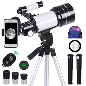 telescope for adults & kids, 70mm aperture professional astronomy refractor telescope for beginners, 300mm portable refractor telescope with az mount, phone adapter & wireless remote (white)