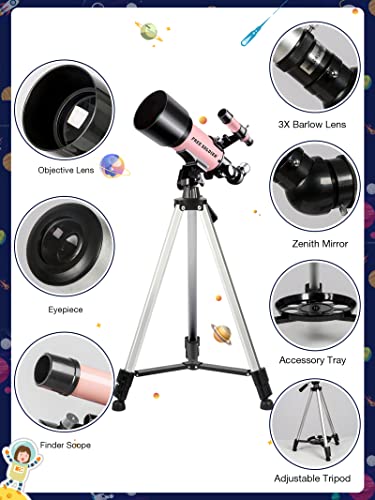 Telescope for Kids Girls Astronomy Beginners - 70mm Aperture and 400mm Focal Length Professional Refractor Telescope for Adults Great Christmas Astronomy Gift for Kids with Gift Package, Pink