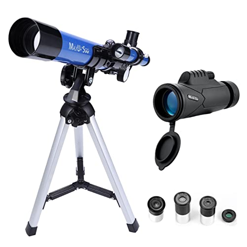 MaxUSee Kids Telescope 400x40mm with Finder Scope for Kids & Beginners + Portable 10X42 HD Monocular with BAK4 Prism FMC Lens for Moon Viewing Bird Watching Wildlife Scenery