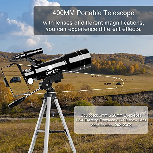 KIOSESI Telescope for Adults & Kids, 70mm Aperture 400mm Refractor Telescope (20X-200X) for Astronomy Beginners, Portable Telescope with Phone Adapter & Wireless Remote, Astronomy Gifts for Kids