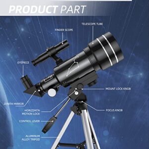 Telescope for Kids & Adults, 70mm Aperture Refractor Telescopes for Astronomy Beginners, Portable Travel Telescope with Phone Adapter & Remote, Astronomy Gifts for Kids