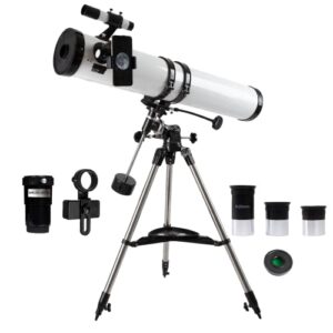 essenwi 114eq reflector telescope for adults astronomy, w/ 3 eyepieces, 3x barlow lens, moon filter, fully-coated glass optics, adjustable equatorial mount tripod for beginners astronomer, white