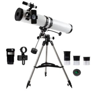 ESSENWI 114EQ Reflector Telescope for Adults Astronomy, w/ 3 Eyepieces, 3X Barlow Lens, Moon Filter, Fully-Coated Glass Optics, Adjustable Equatorial Mount Tripod for Beginners Astronomer, White