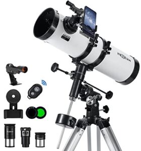 hexeum telescope 130eq astronomical reflector – manual equatorial for adults astronomy. comes with 2x barlow lens phone adapter and moon filter & sun fliter, wireless control, white