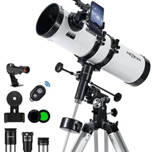 HEXEUM Telescope 130EQ Astronomical Reflector - Manual Equatorial for Adults Astronomy. Comes with 2X Barlow Lens Phone Adapter and Moon Filter & Sun Fliter, Wireless Control, White