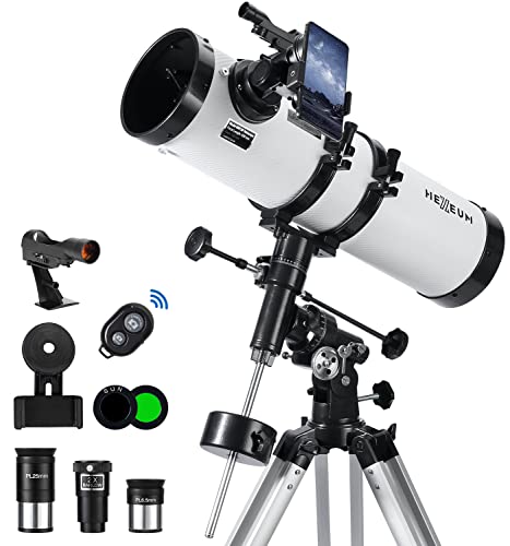 HEXEUM Telescope 130EQ Astronomical Reflector - Manual Equatorial for Adults Astronomy. Comes with 2X Barlow Lens Phone Adapter and Moon Filter & Sun Fliter, Wireless Control, White