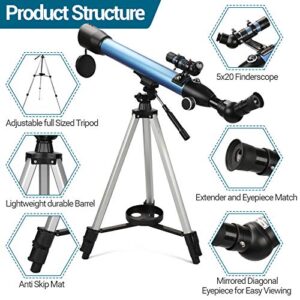 BNISE Telescope for Adults Astronomy 600/50mm Positive Imaging Telescope for Kids and Beginner with 3X Extender and 2 Eyepiece (9mm & 25mm) Refractor with Phone Adapter, Tripod and Carring Bag