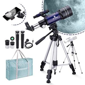 telescope for kids beginners, 150x magnification, 70mm aperture 300mm astronomical refractor telescope with phone adapter, wire shutter, moon filter and carry bag