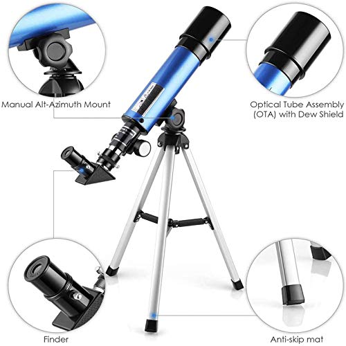 Timisea Telescope for Kids & Beginners, Portable Refractor Telescope 90x Magnification with Tabletop Tripod and Two Eyepieces, Best Gift for Kids to Explore Moon Space, View Wildlife, Watch Night-Sky