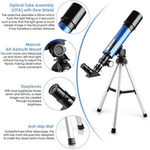 Timisea Telescope for Kids & Beginners, Portable Refractor Telescope 90x Magnification with Tabletop Tripod and Two Eyepieces, Best Gift for Kids to Explore Moon Space, View Wildlife, Watch Night-Sky