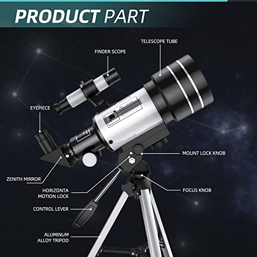 Telescope for Kids & Adults, 70mm Aperture Refractor Telescopes for Astronomy Beginners, Portable Travel Telescope with Phone Adapter & Wireless Remote, Astronomy Gifts for Kids