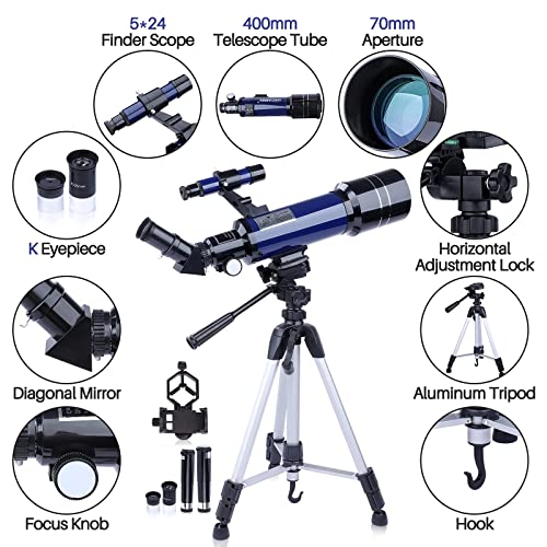 Telescopes for Astronomy Adults, 70mm Aperture 400mm Focal Length Refractor Telescope for Beginners Kids, Portable Telescope with Backpack Tripod Phone Adapter