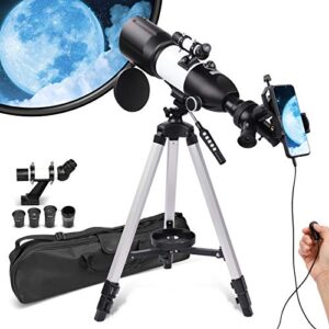 telescope for adults kids beginners, 3 rotatable eyepieces 80mm aperture hd refractor telescope for astronomy, 16~44x high magnification, with phone photo adapter, carry bag