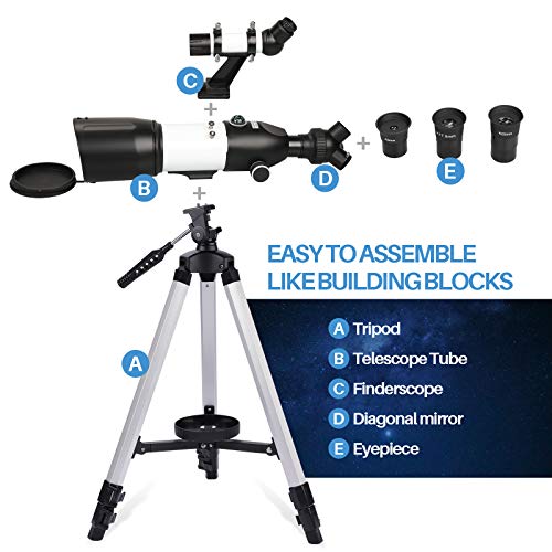 Telescope for Adults Kids Beginners, 3 Rotatable Eyepieces 80mm Aperture HD Refractor Telescope for Astronomy, 16~44X High Magnification, with Phone Photo Adapter, Carry Bag