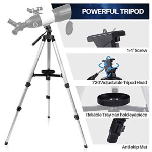 Telescope for Adults Kids Beginners, 3 Rotatable Eyepieces 80mm Aperture HD Refractor Telescope for Astronomy, 16~44X High Magnification, with Phone Photo Adapter, Carry Bag