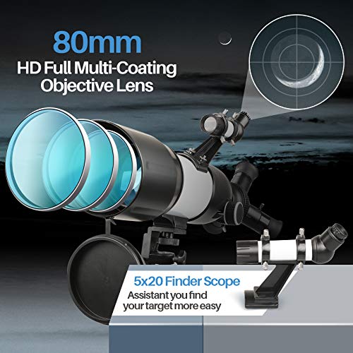 Telescope for Adults Kids Beginners, 3 Rotatable Eyepieces 80mm Aperture HD Refractor Telescope for Astronomy, 16~44X High Magnification, with Phone Photo Adapter, Carry Bag