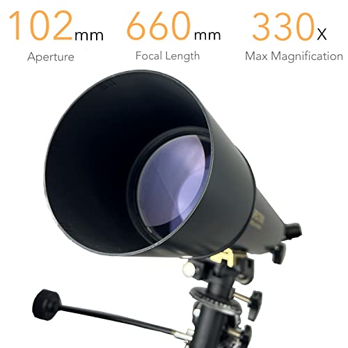 PolarLink 102EQ (4inch) Refractor Telescope 102mm Aperture 660mm Focal Length Manual German Equatorial Telescope with Slow Motion Control with Smartphone Adapter and Remote Shutter